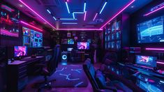 a room filled with lots of computer monitors and gaming equipment in purple lighting on the walls