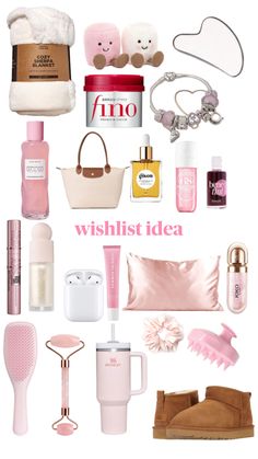 the contents of a woman's wish list with pink items and accessories on it