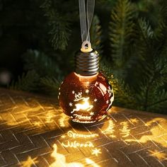 a christmas ornament hanging from a tree with the sun shining on it's side