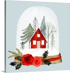 a snow globe with a red house in the middle and holly wreaths around it