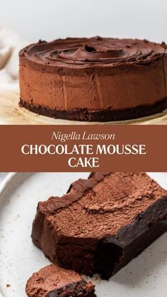 chocolate mousse cake on a white plate with the words, niggla lassson chocolate mousse cake