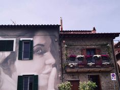 a woman's face painted on the side of a building with green shutters