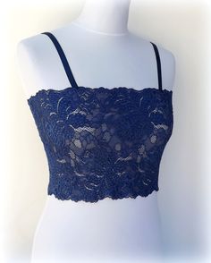 Navy blue see through elastic lace bralette with adjustable straps by MissLaceAccessories on Etsy Random Clothes, Low Cut Dresses, Backless Top, Elastic Laces, Pretty Gift, Sheer Blouse, Lace Bralette, Low Cut, Bralette