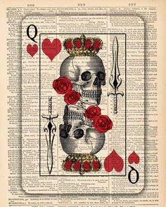 the queen of hearts playing card with roses and scissors on top of an old book page