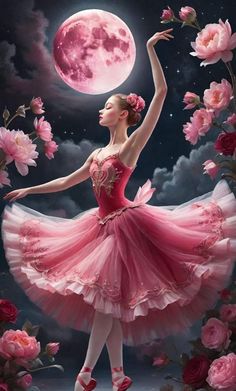 a painting of a ballerina in pink dress with roses on the ground and a full moon behind her