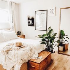 a bedroom with a bed, mirror and plants on the floor in front of it