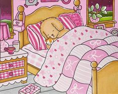 a drawing of a teddy bear sleeping on a bed in a bedroom with pink walls