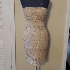 Gorgeous Nwt Lace/Embroidered Tan/Champagne Dress. Some Stretch. Zipper On The Side With Hook And Eye Closure, Some Threads Coming Loose Around Closure. Please See Pictures For Condition, Measurements And Tag Info. Beige Lace Trim Dress For Night Out, Cream Lace Dress For Night Out, Champagne Dress, Tan Dress, Tan Dresses, Hook And Eye, Strapless Dress, Champagne, Womens Dresses