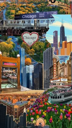 a collage of the chicago skyline with flowers in front of it and an image of a train