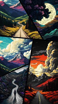 four different images of the same landscape with clouds and mountains in each image, one is painted