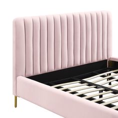 a pink bed frame with black and white lines on the headboard is shown in front of a white background