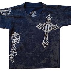 Brand New With Tags Affliction Rebel Saints Short Sleeve T-Shirt In Toddler Size 2t Or 3t. Blue With Gray And White Graphics Both Sides. Super Rare!! Msrp $34. Y2k Shirts White Background, Edgar Clothes, Emo Clothes Png, Early 2000s Shirts, Konflic Shirts, Thrift Store Finds Clothes, Scene Shirts, 2000s T Shirt, Guy Shirts