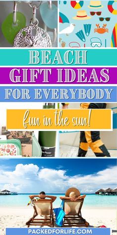 Beach gift ideas for him, kids, women and everybody. Jewelry, SUP, Couple on beach chairs on tropical beach vacation. Vacation Gift Bags For Adults, Family Vacation Goodie Bags, Beach Survival Kit Gift Cute Ideas, Beach Trip Ideas Friends, Girls Beach Trip Ideas