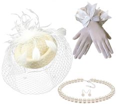 PRICES MAY VARY. The tea party fascinator set includes 1 fascinator hat, 1 imitation pearl necklace, 1 pair of lace gloves and 1 pair of pearl pendant earrings The fascinator headband is one size fits all with hair clip and headband; Stretchy lace gloves; Imitation pearl necklace length: 16", extension chain length: 2", size of per pearl is 8mm. Material: Derby hat fascinator: Polyester, feather and mesh veil; Lace gloves: Polyester and lace; Necklace and earrings: Imitation pearls and alloy. El Pillbox Fascinator, Fascinator Veil, Pearl Pendant Earrings, Short Gloves, Derby Hats Fascinators, Hat Headband, Wedding Gloves, Floral Silk Scarf, Fascinator Headband