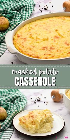 mashed potato casserole in a white baking dish