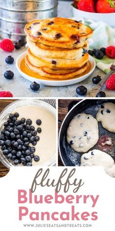 blueberry pancakes are stacked on top of each other with berries and cream in the background