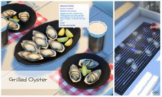 there are two pictures of some food on the table and one shows grilled oysters