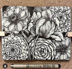 One Tulip, Moleskine Sketchbook, Pen Art Drawings, Black Pen, Doodle Art Designs, Mandala Design Art, Botanical Drawings, Ink Illustrations, Zentangle Art