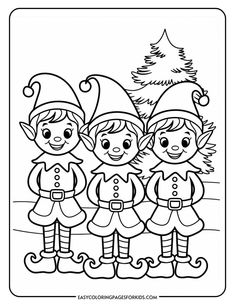 Three cheerful cartoon elves standing together in front of a Christmas tree, designed as a printable coloring page for kids. Elf Christmas Crafts For Kids, Santa Elf Drawing, Elf Drawings Christmas, Elf Cutouts Free Printable, Elf On The Shelf Coloring Pages, Christmas Elf Drawing, Elves Coloring Pages, Elf Painting, Xmas Traditions