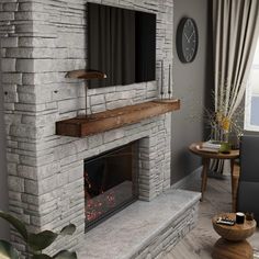 a living room with a stone fireplace and clock on the wall