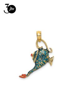 14k yellow gold with enameled 3D textured blue genie lamp charm. Measures approximately 1 1/8"L x 9/16"W and has a 5mm bail. Genie Lamp, Yellow Gold, Yellow, Gold, Blue