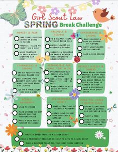 the girl scout's spring break challenge is shown in this graphic style with flowers and butterflies