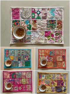 four different pictures of the same placemats, each with various designs on them