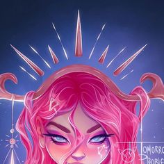 a drawing of a woman with pink hair and horns on her head, surrounded by stars