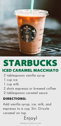 starbucks iced caramel macchato drink recipe with instructions on how to make it