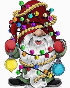 a drawing of a santa clause with christmas lights on it's head and beard