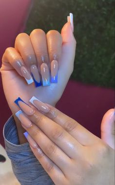 Shades Of Blue Acrylic Nails, Blue Full Set Nails, Blue Acrylic Nails Initial, Blue Nails With Initials Acrylic, Shades Of Blue French Tip Nails, Blue French Tips Square, Blue French Tip Nails Long Square, White And Blue French Tip Nails, Blue Outline Acrylic Nails