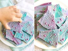 two pictures of purple and blue treats on a plate