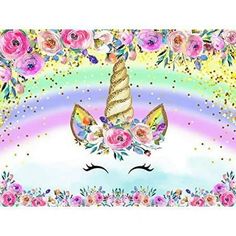 an image of a unicorn face with flowers and rainbows on the bottom half of it