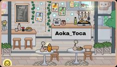 an animated image of a restaurant with food on the counter and two tables in front of it