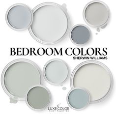 six different shades of gray paint with the words bedroom colors written above them in black and white