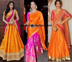 orange pink half saree photo Indian Dresses For Kids, Orange Color Combinations, Combination Dresses, Simple Lehenga