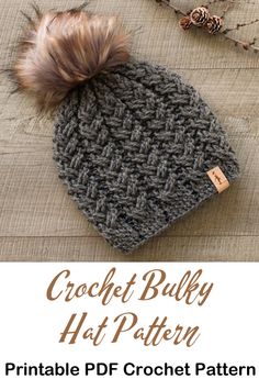 a crochet hat with a pom - pom on top and text overlay