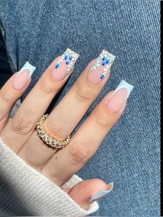 Acrylic Nails French Tip Blue, Nails French Tip Blue, French Tip Blue, Snow Globe Nails, Acrylic Nails French Tip, Nails Blue And White, Acrylic Nails French, Winter Nail Art Designs, Mexican Nails