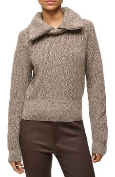 A mélange of wool-blend yarn brings autumnal cachet to a sweater knit with a chunky spread collar. Spread collar Long sleeves Ribbed cuffs and hem 50% wool, 50% nylon Dry clean Imported Taupe Knit Sweater For Fall, Brown Wool Sweater For Fall, Brown Textured Knit Wool Sweater, Fall Wool Knit Sweater, Chunky Knit Wool Sweater For Fall, Fall Workwear Sweater With Knit Fabrication, Wedding Guest Coats, Structured Handbags, Collared Sweater