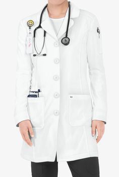 Our koi Next Gen 457 35 Women s Button Front Lab Coat is feminine and mighty thanks to a chic silhouette and functional details, like 4 pockets(!). Looking to keep things fresh? Our Next Gen koi scrub collection is your answer with breathable, moisture-wicking material. 4-way stretch plus a silky soft finish guarantee to up your comfort factor. • Modern classic • Rounded notch collar • 5-button closure • Plastic buttons • Total of 4 pockets • 2 front patch pockets • 1 inner welt pocket with blac Fitted White Outerwear With Patch Pockets, Fun Scrubs, Koi Scrubs, Lab Coats, Easy Stretches, Medical Uniforms, Princess Seam, Cuff Sleeves, Koi