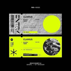 a black and yellow ticket with the words clavius printed on it's side