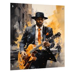 a painting of a man in a suit and tie playing an electric guitar on a city street