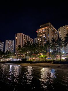 the city is lit up at night with palm trees