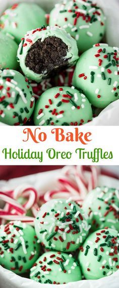 no bake holiday oreo truffles with green frosting and sprinkles