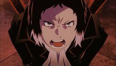 an anime character with black hair and red eyes looks at the camera while wearing a leather jacket