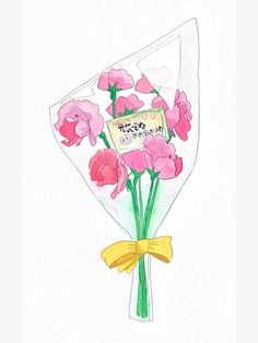 a drawing of pink flowers in a vase with a yellow ribbon on the side and japanese writing