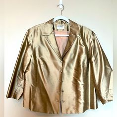 Gianni Gold Dressy Jacket In Size 20, Vintage/ Never Worn, Classic 100% Silk, Never Worn And 27” In Length. Perfect Jacket In Neutral Gold To Accompany Any Dressy Occasion Or With Jeans And Heels! Gold Blazer For Office In Spring, Gold Spring Blazer For Office, Gold Outerwear For Work In Spring, Gold Blazer For Spring Workwear, Gold Blazer For Workwear In Spring, Silk Blazer With Button Closure, Gold Button-up Outerwear For Work, Classic Gold Outerwear For Evening, Classic Gold Evening Outerwear