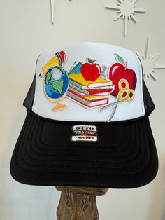 Otto trucker hat with teacher/school patches. Fun and funky fashion for all trendy teachers! Black Cap For School, Casual Adjustable Baseball Cap For School, Fun Snapback Hat With Embroidered Patch, Patch Hats, Side Kick, Teacher School, Funky Fashion, Trucker Cap, Caps Hats