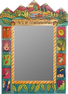 a colorful mirror with the words life is an adventure above it and images of people