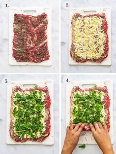 four pictures showing how to make an appetizer with meat, cheese and spinach